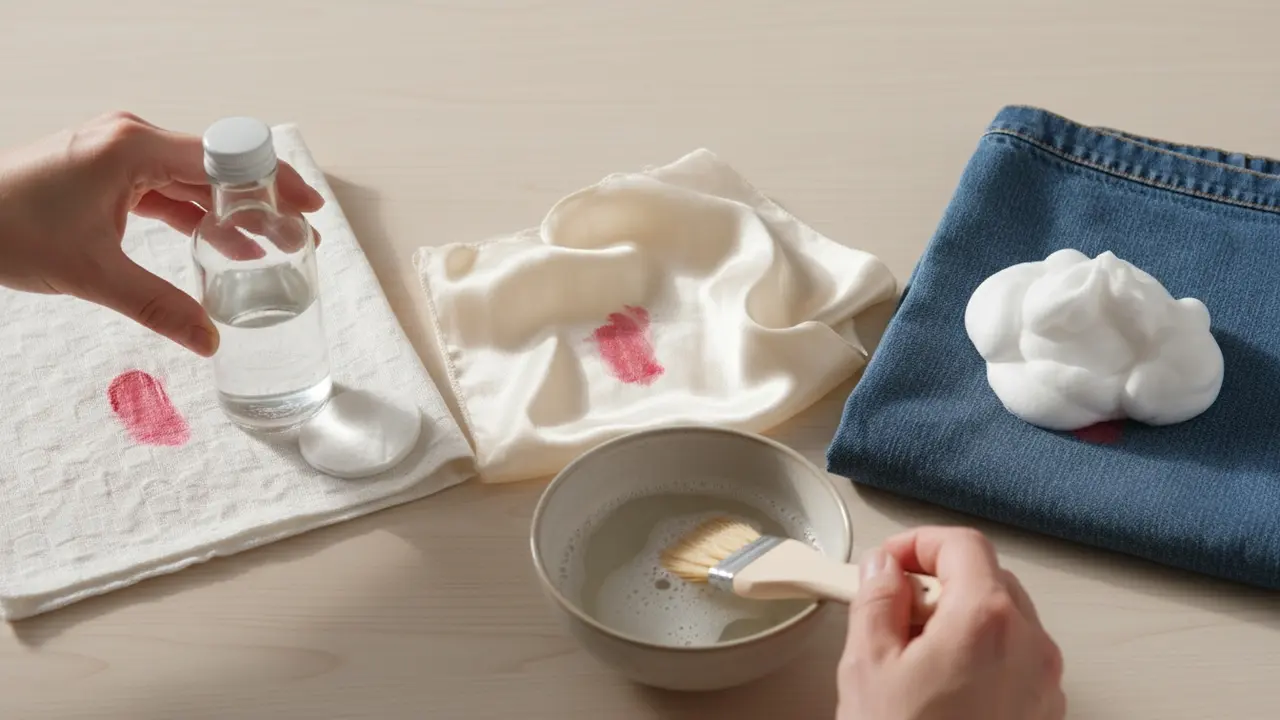 Tre stofprøver med læbestiftpleje: alkohol på bomuld, opvaskemiddel på silke, barberskum på denim