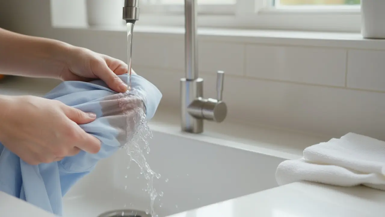 Hænder skyller pletten under koldt rindende vand i køkkenvask, farve skylles væk