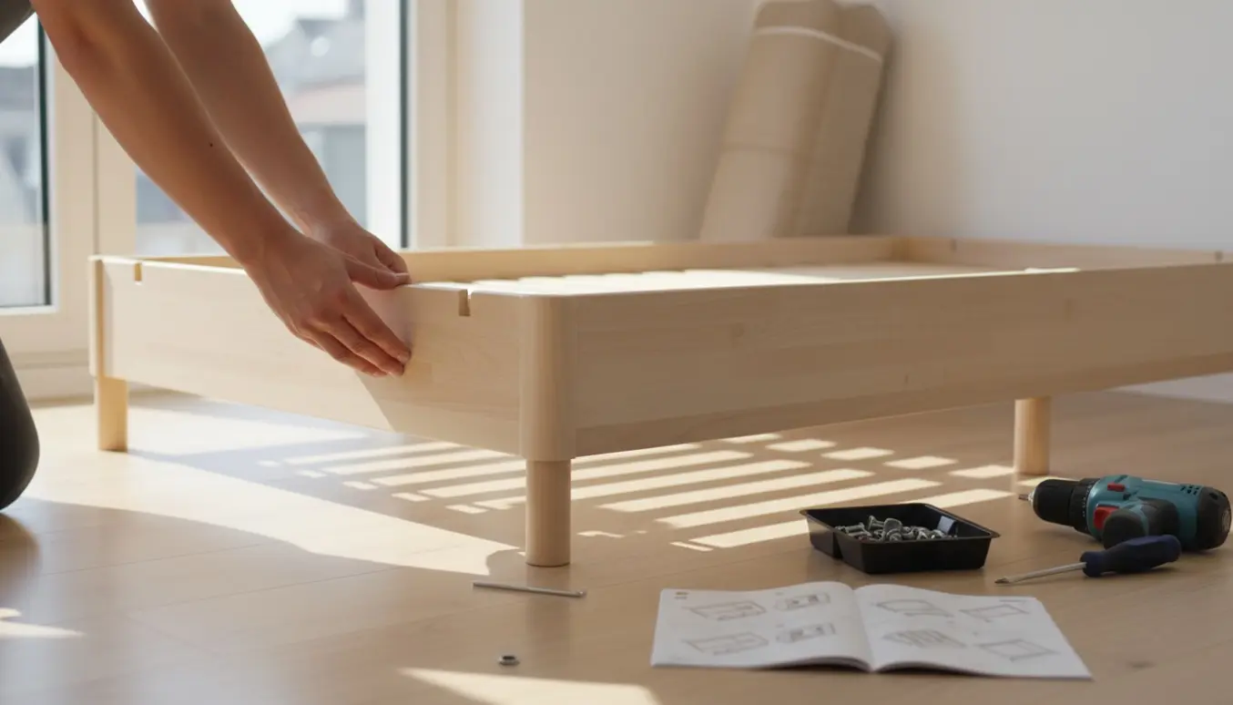 Hænder monterer en smal 120×200 seng i et lyst, minimalistisk soveværelse med værktøj på gulvet.