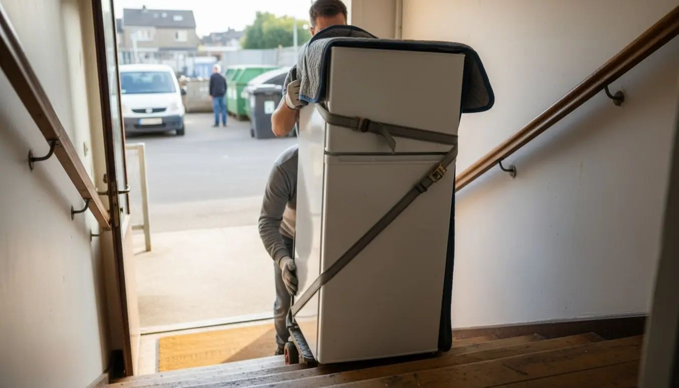 To personer bærer et stort køleskab ned ad en trappe mod genbrugspladsen, uden synlige ansigter.