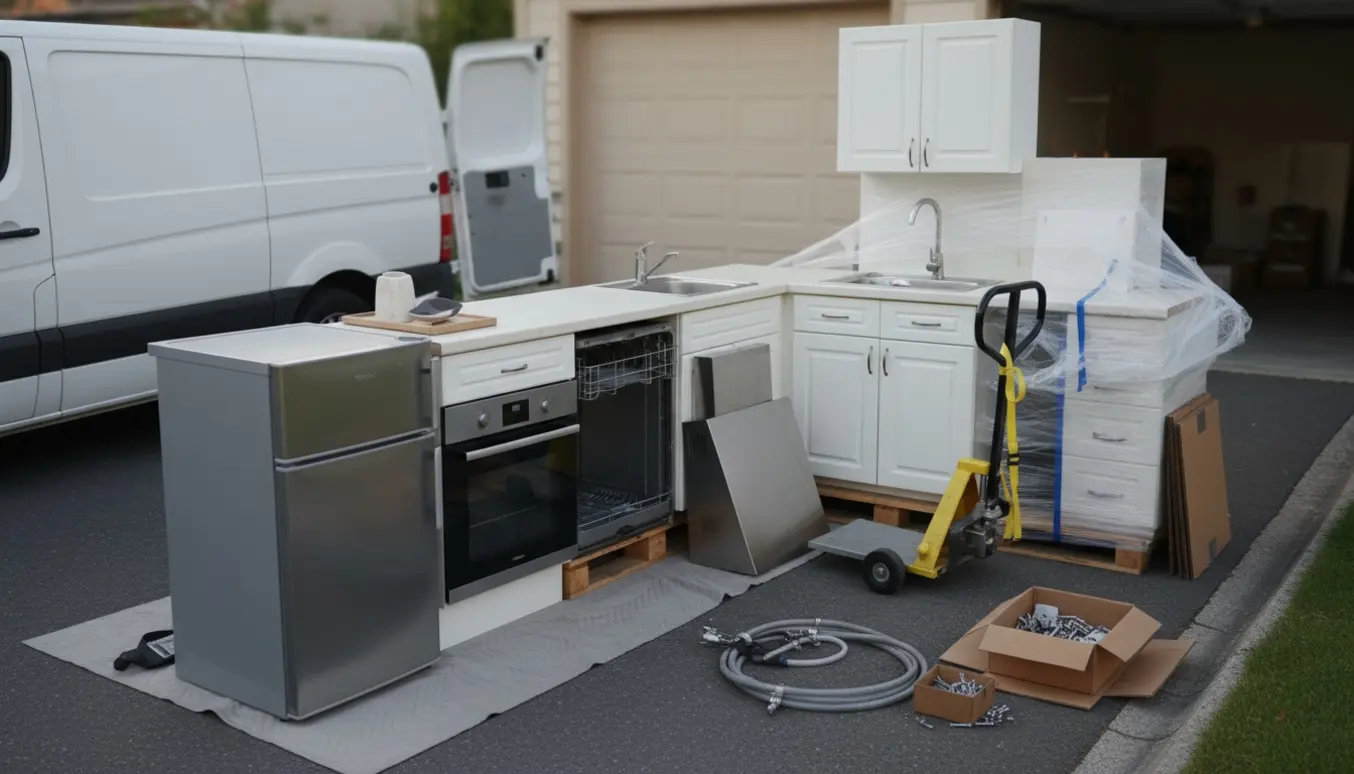 Afmonteret lille køkken med hvidevarer og skabe stablet i en indkørsel klar til bortskaffelse.