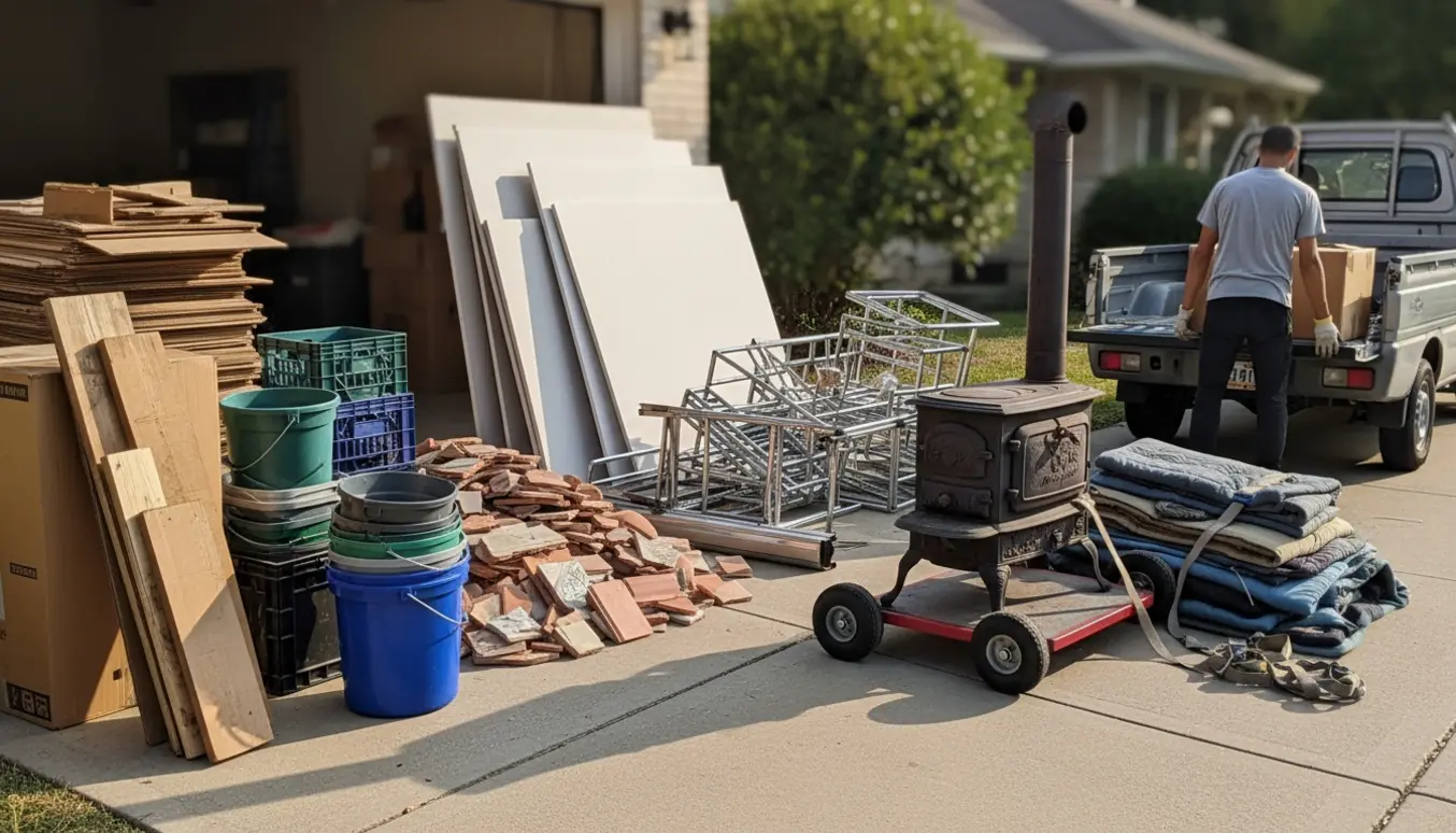 Indkørsel med sorteret storskrald og et gammelt komfur klar til afhentning.