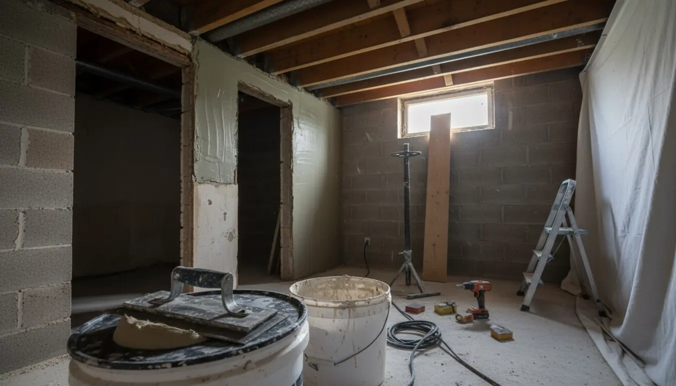 Kælderrum under renovering med delvist pudsede vægge, værktøj og ny overligger ved vinduet.