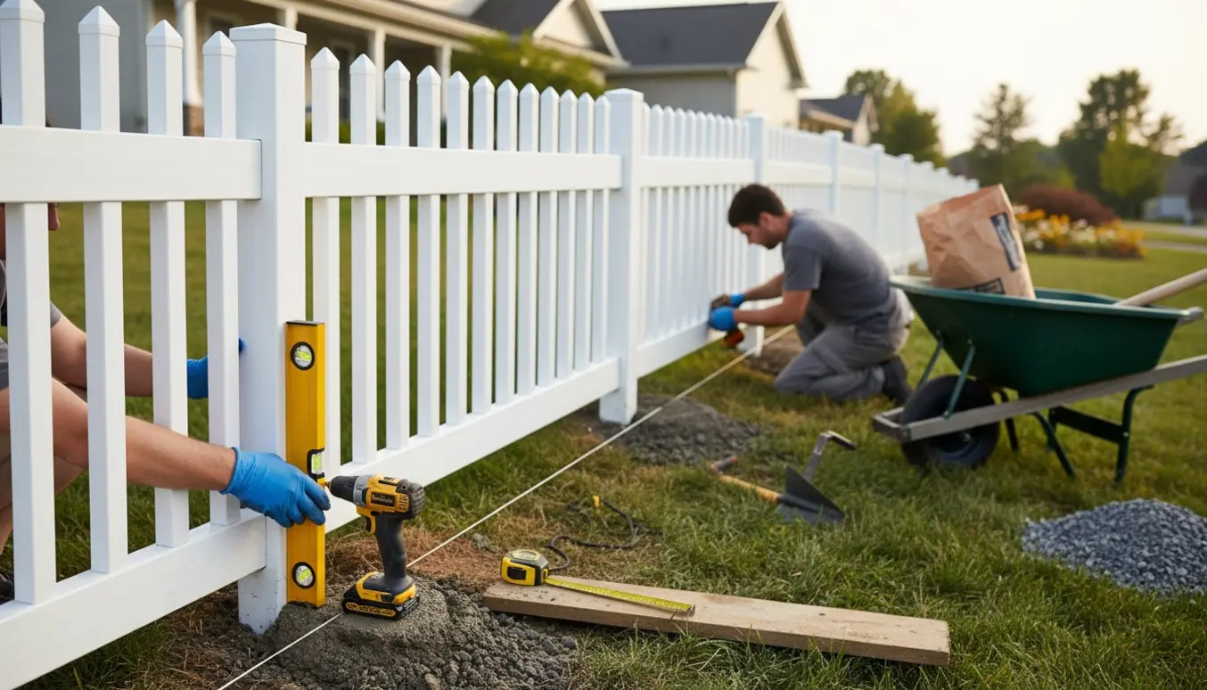 Hvidt vedligeholdelsesfrit stakit bliver monteret i en skæv forhave med værktøj og materialer omkring.