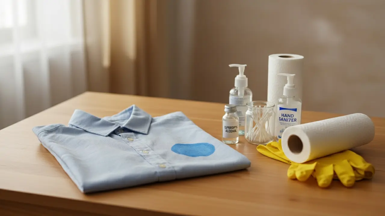 Oversigt over nødvendige materialer: t-shirt med tuschplet, sprit, vatpinde, handsker og køkkenrulle.