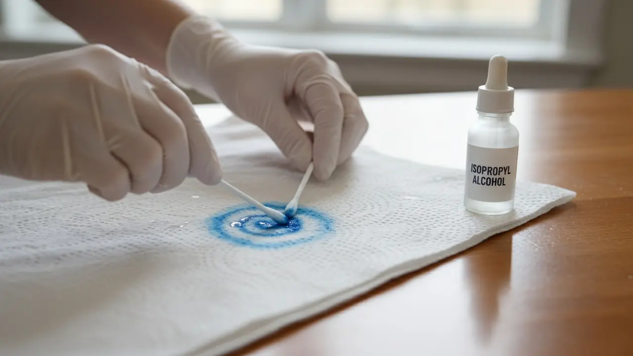 Nærbillede af handske, der dupper en tuschplet med vatpind indefra og udad over et stykke tøj.