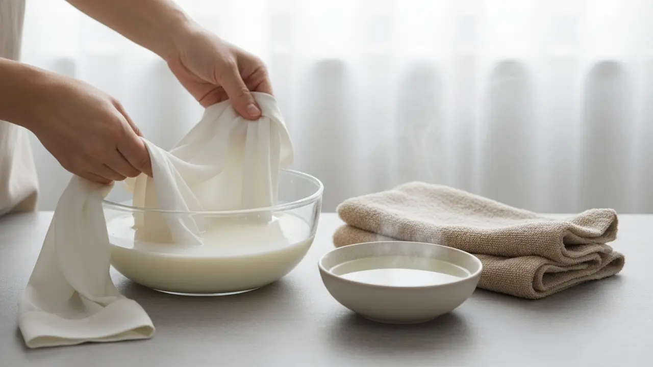 Skånsom behandling af sarte tekstiler: silkebluse i skål med mælk klar til iblødsætning.