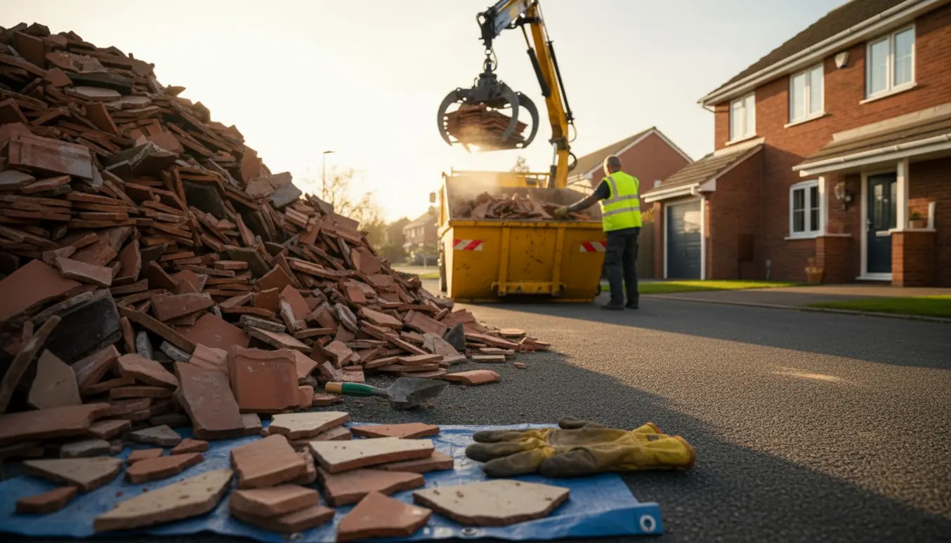En kranbil løfter en bunke knækkede fliser fra en indkørsel, med handsker og skovl i forgrunden.