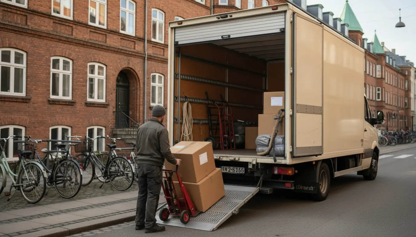 Lastning af store flade møbelkasser i varebil på en gade i Nørrebro.