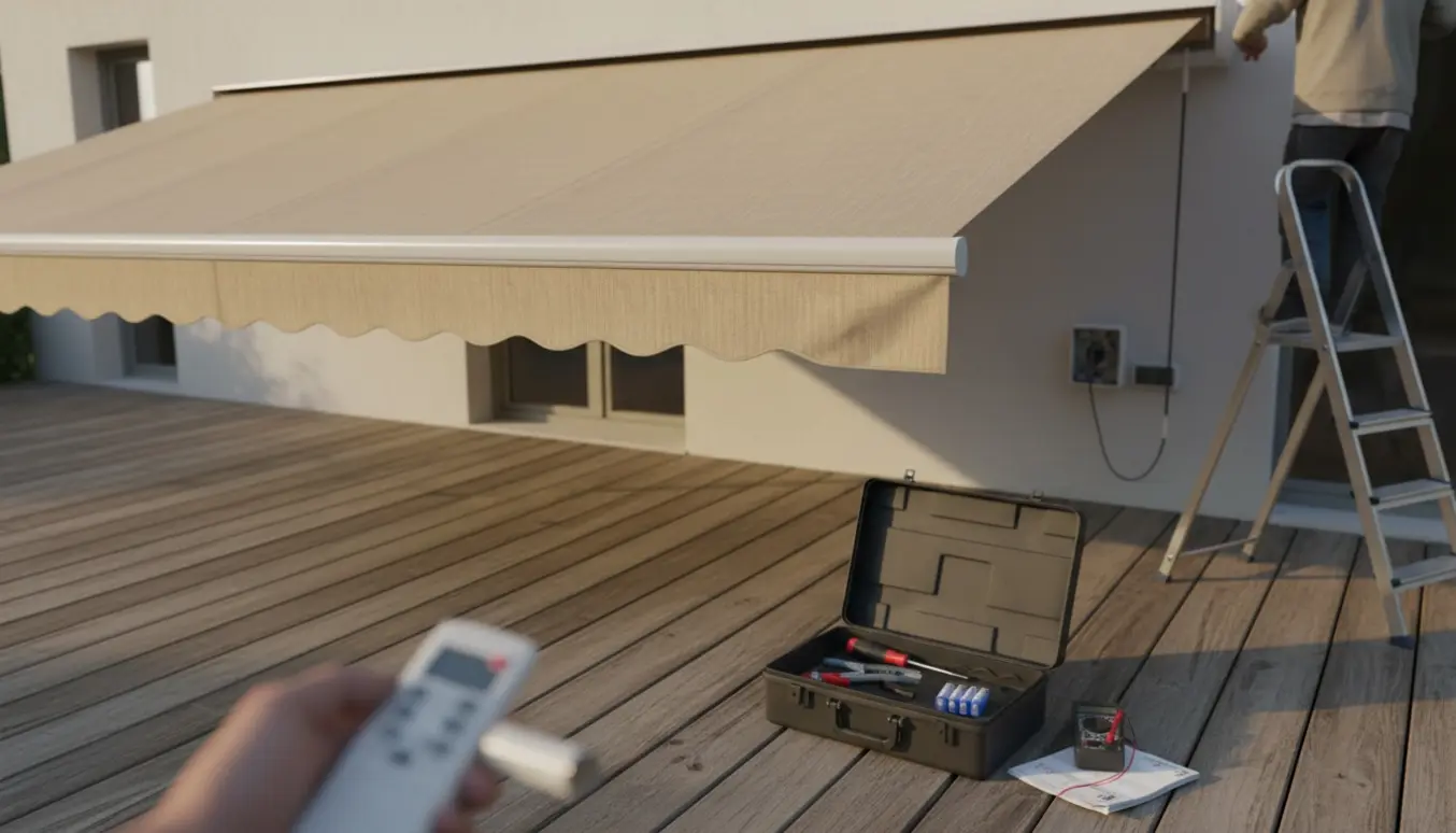 Tekniker på en stige inspicerer en udslået markises motor og fjernbetjening med værktøj på terrassen.