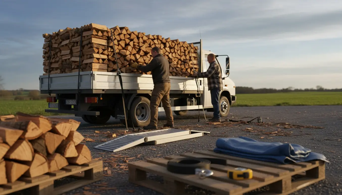 Laste og sikre 17 m3 tørt, kløvet brænde på en lastbil i gyldent dagslys.