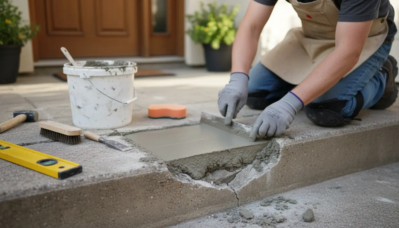 Reparation af betontrappe med nystøbt plet og værktøj på trinnet.