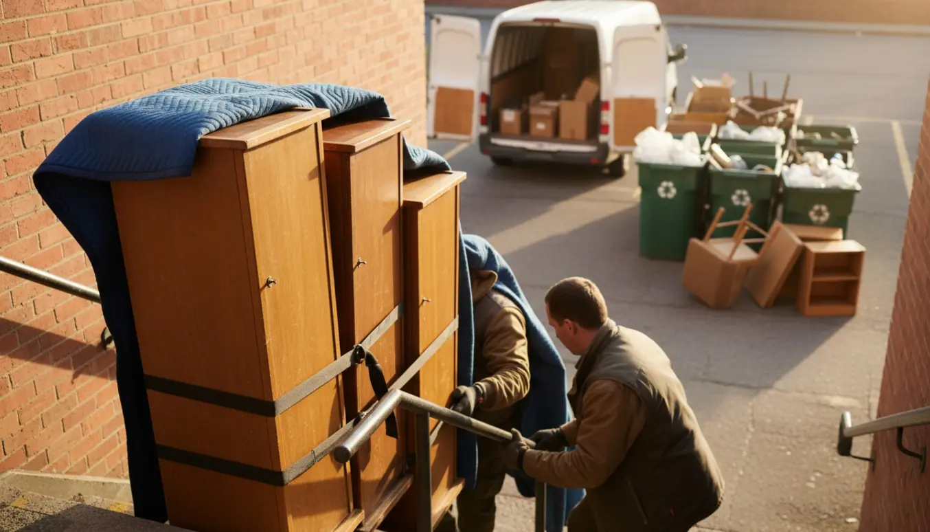 To flyttemedarbejdere bærer tre høje skabe ned ad en trappe mod en genbrugsplads.