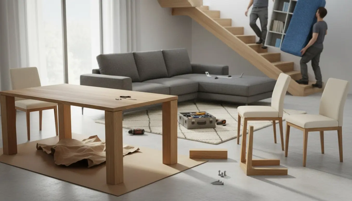 Delvist samlet spisebord og stole med værktøj i forgrunden, modulsofa der samles og en reol bæres ned ad trappen.