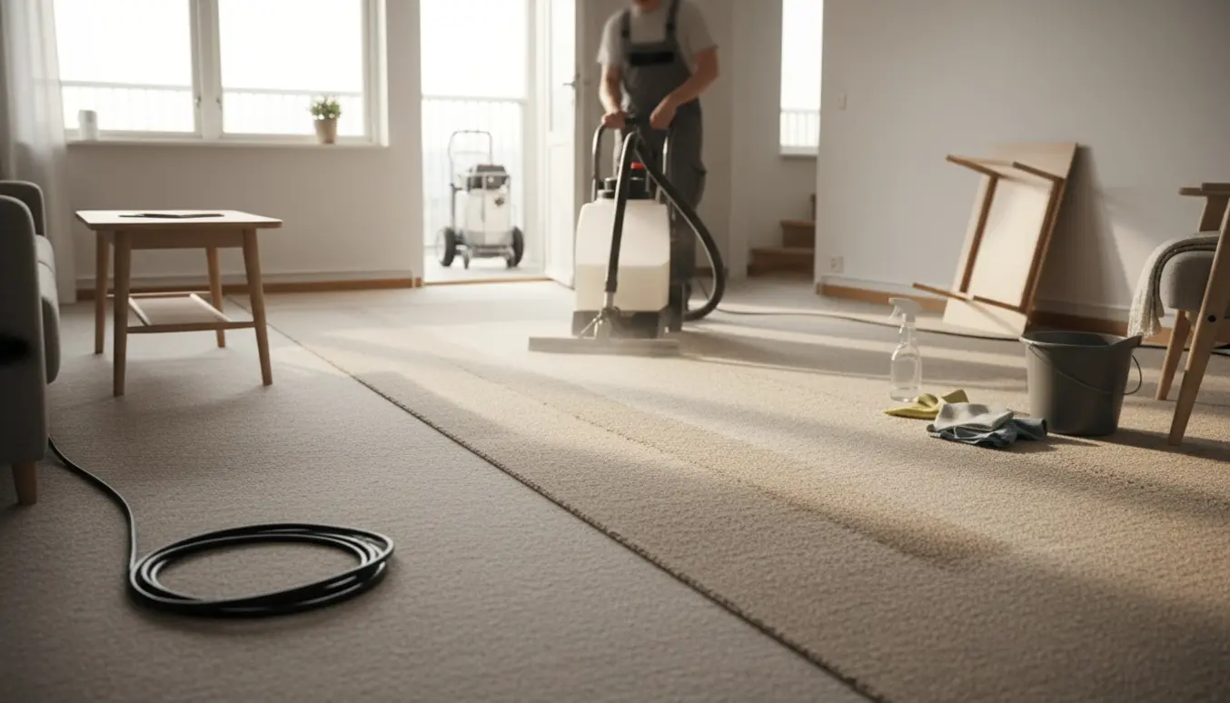 Tæpperenser i en lys skandinavisk lejlighed, der efterlader en tydelig ren/urenset stribe på væg‑til‑væg‑gulvtæppet.