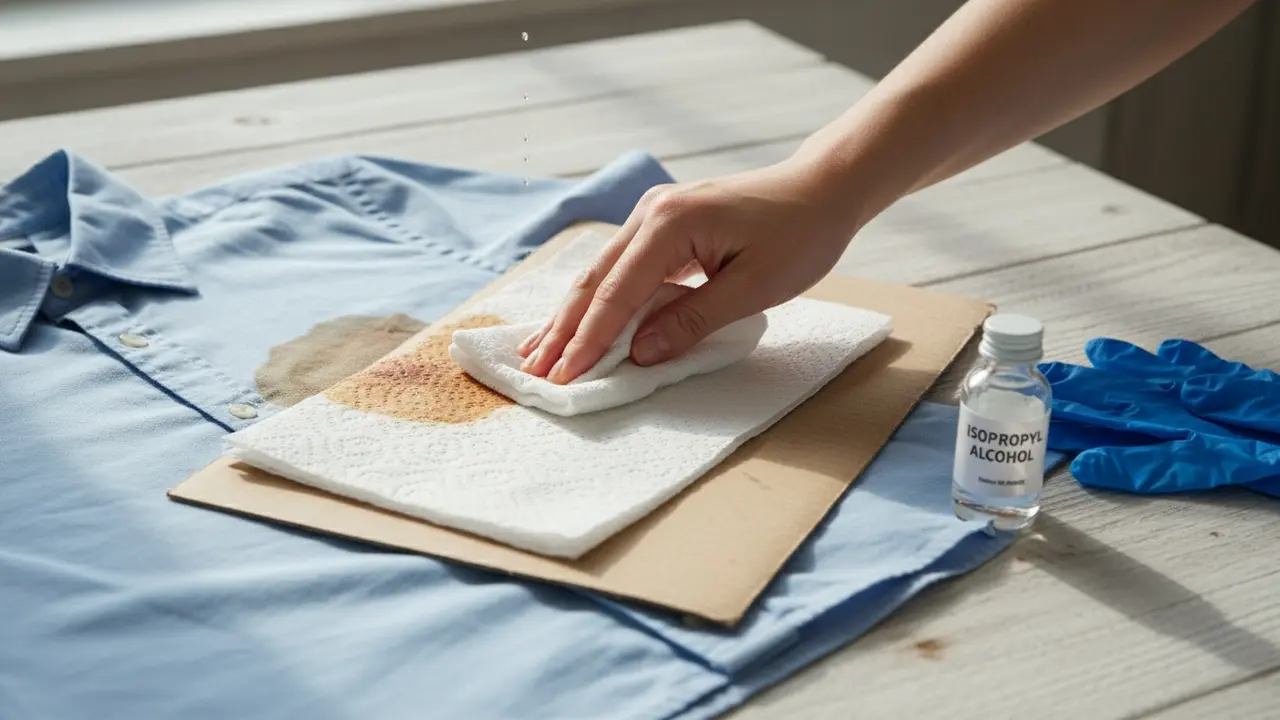 Tøj lagt fladt med absorberende underlag, duppe opløsningsmiddel på harpikspletten