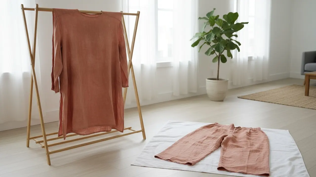 Behandlet tøj lufttørrer på tørresnor indendørs væk fra direkte sollys