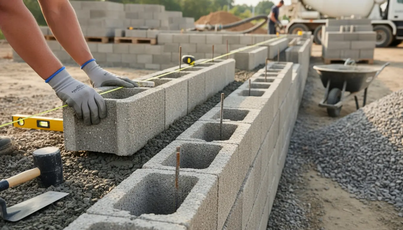 Nærbillede af håndværkeres hænder der lægger fundablokke til en trappende støttemur med armering og frisk beton.