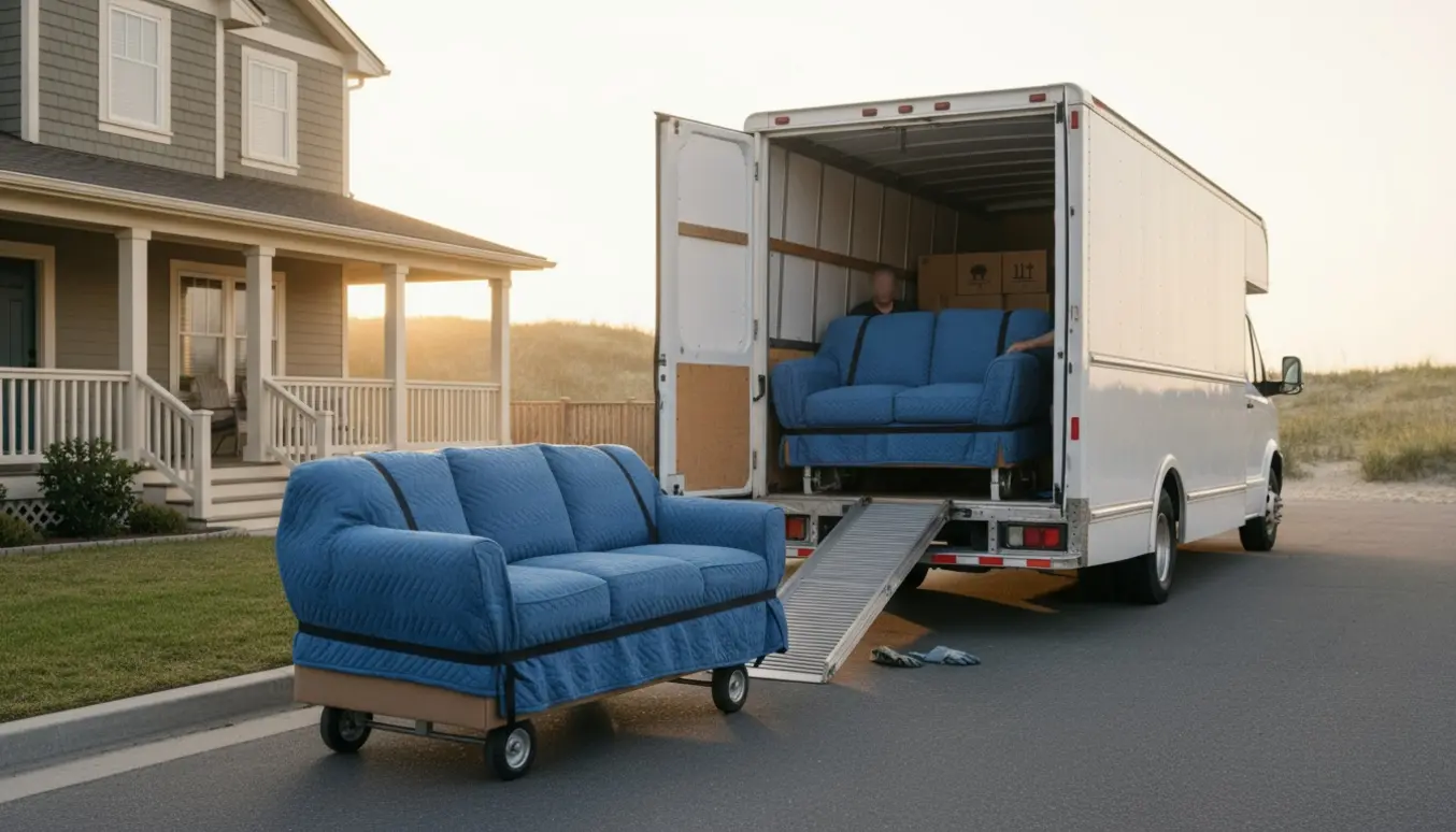 To sofaer pakket i flytteplaid og klargjort til læsning i en flyttevogn foran et hus ved kysten.