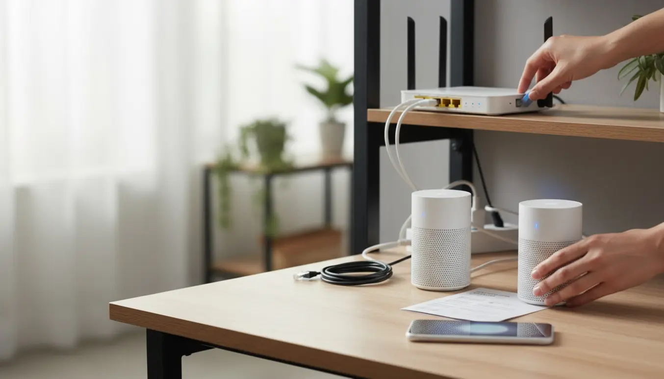 Hænder tilslutter to mesh Wi‑Fi forstærkere til en router på et lyst skrivebord.