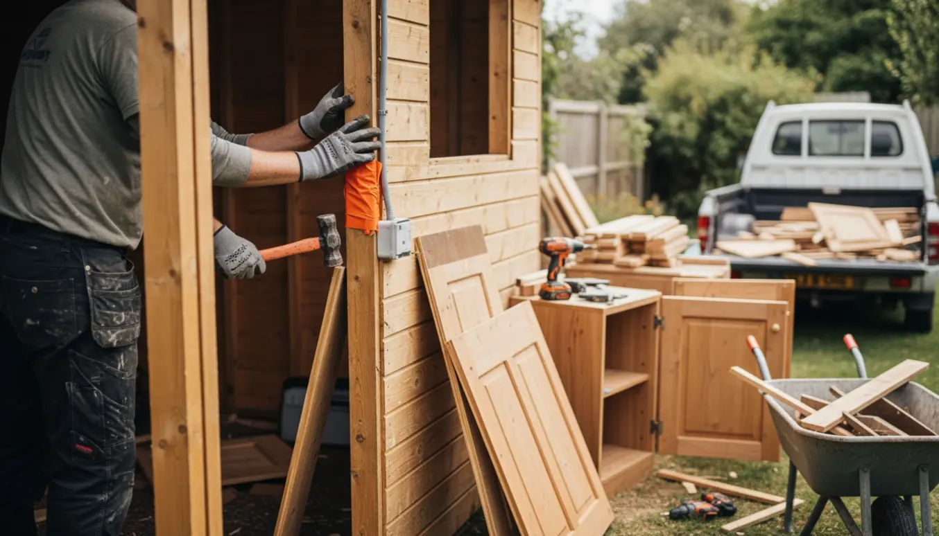 Nedrivning af et træskur i baghaven, hvor håndværkere fjerner paneler og beskytter el-installationen.