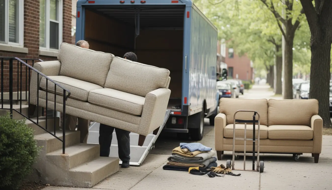 To personer bærer stofsofaer ned ad en seks-trins indgang mod en åben flyttebil, ansigter ikke tydelige.