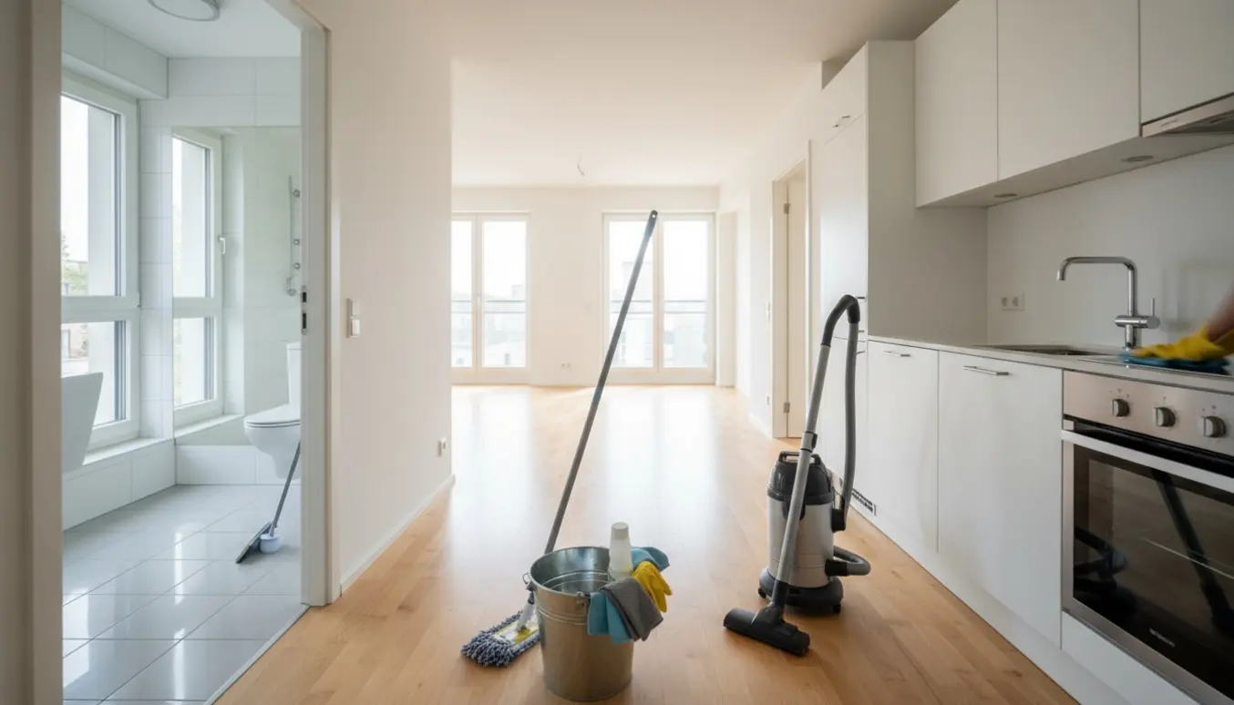 Lyse, nyvaskede rum i en tom treværelses lejlighed med rengøringsudstyr og skinnende gulve.