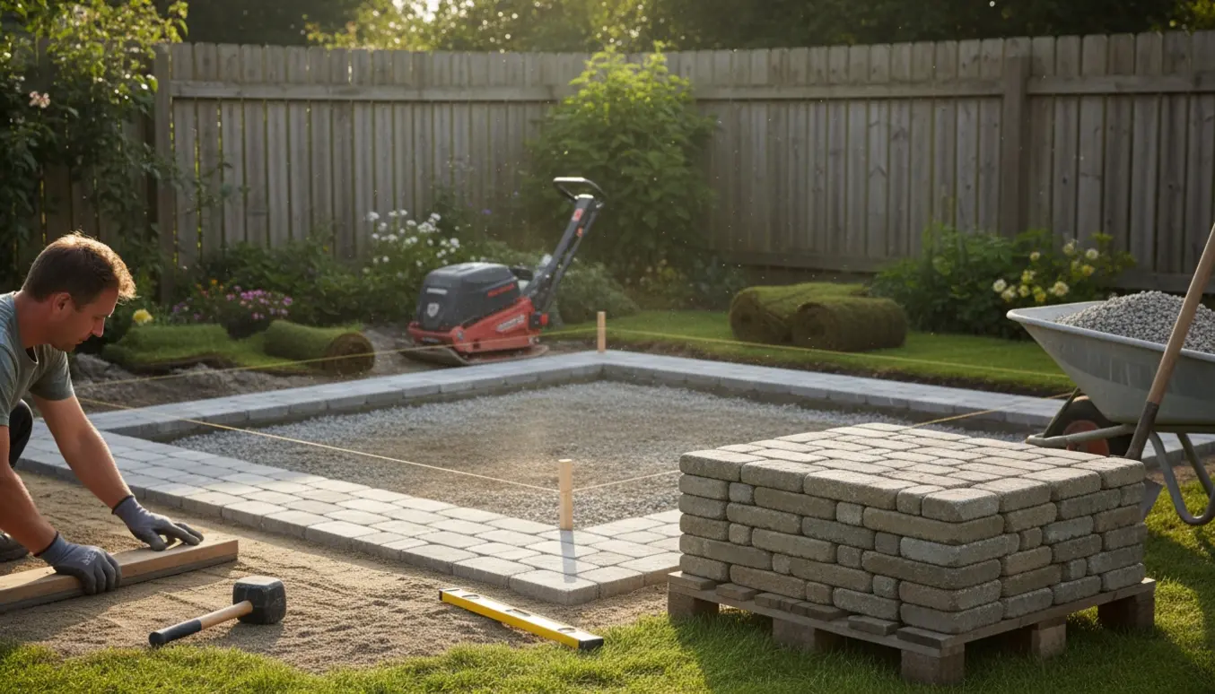 Delvist anlagt terrasse med herregårdssten i et hørne ved hegn, stabilgrus, værktøj og markeringer klar til drivhus.
