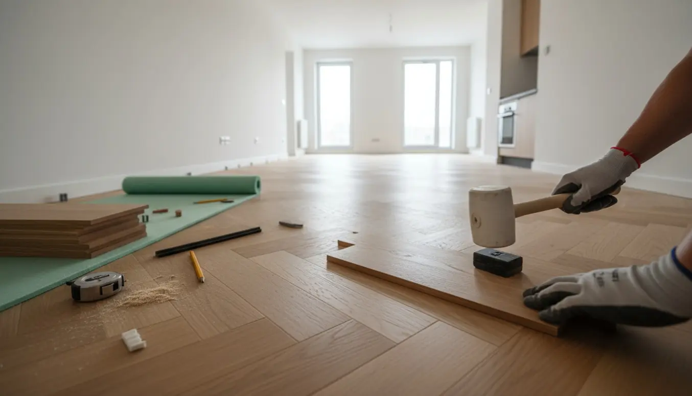 Nærbillede af hænder, der lægger sildebens klikgulv i en tom lejlighed med værktøj og materialer rundt om.