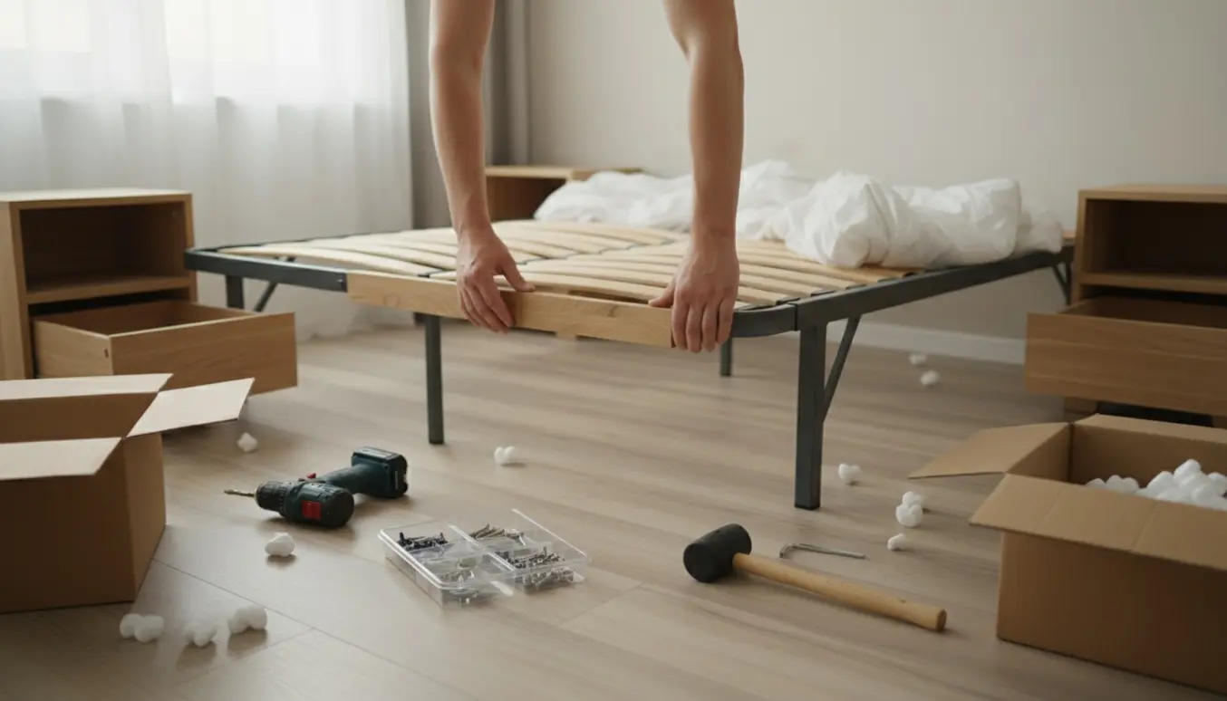 Nærbillede af samlede trædele til seng og natborde med værktøj i et lyst soveværelse.