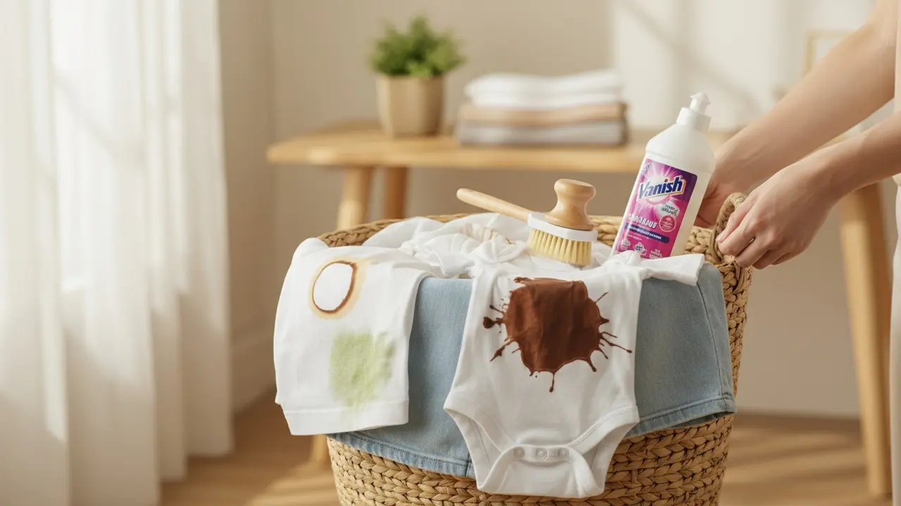 Person med vasketøjskurv med synlige pletter og en Vanish-flaske ved siden af