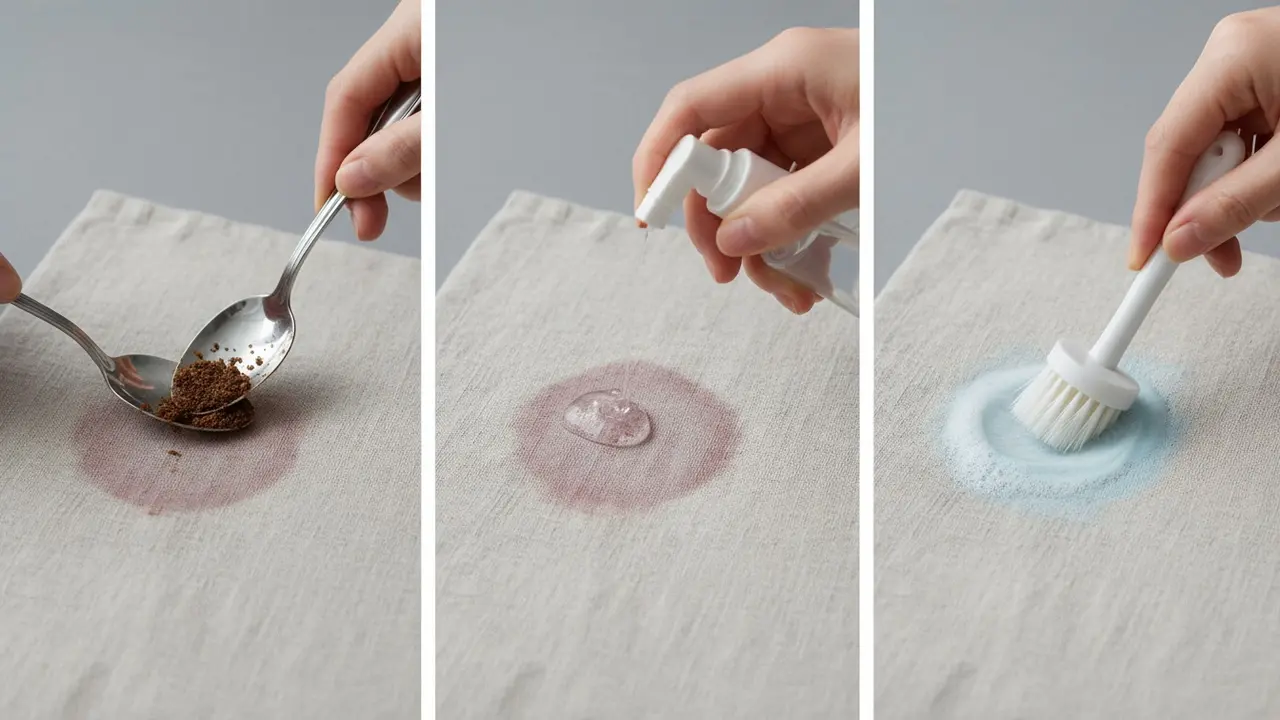 Nærbillede af trin-for-trin pletbehandling: fjerne, påføre Vanish og børste let