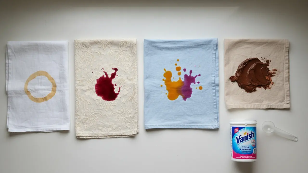 Udsnit af stofprøver med kaffe-, rødvins-, juice- og chokoladepletter med Vanish ved siden af