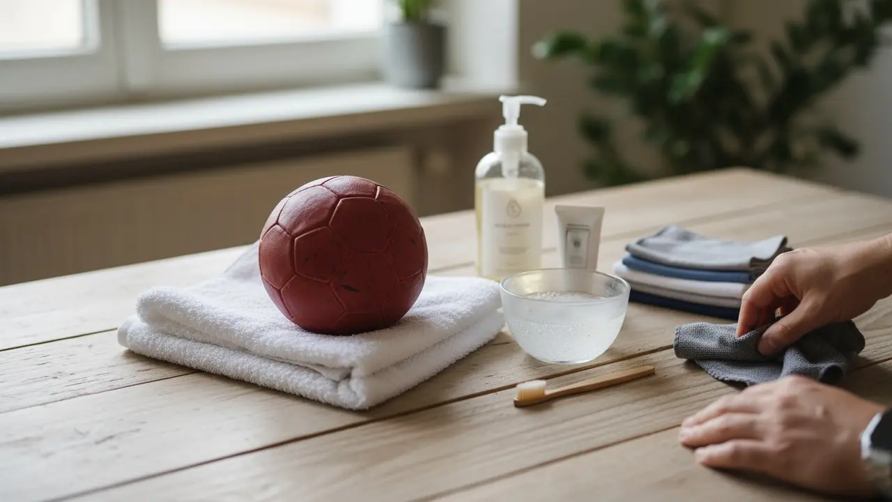 Håndbold og rengøringsmaterialer på et håndklæde: sæbe, klude og blød børste.