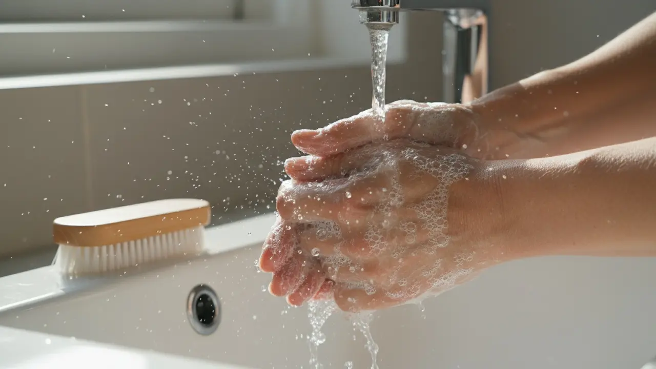 Nærbillede af hænder, der vaskes med mild sæbe og en blød neglebørste under vand.