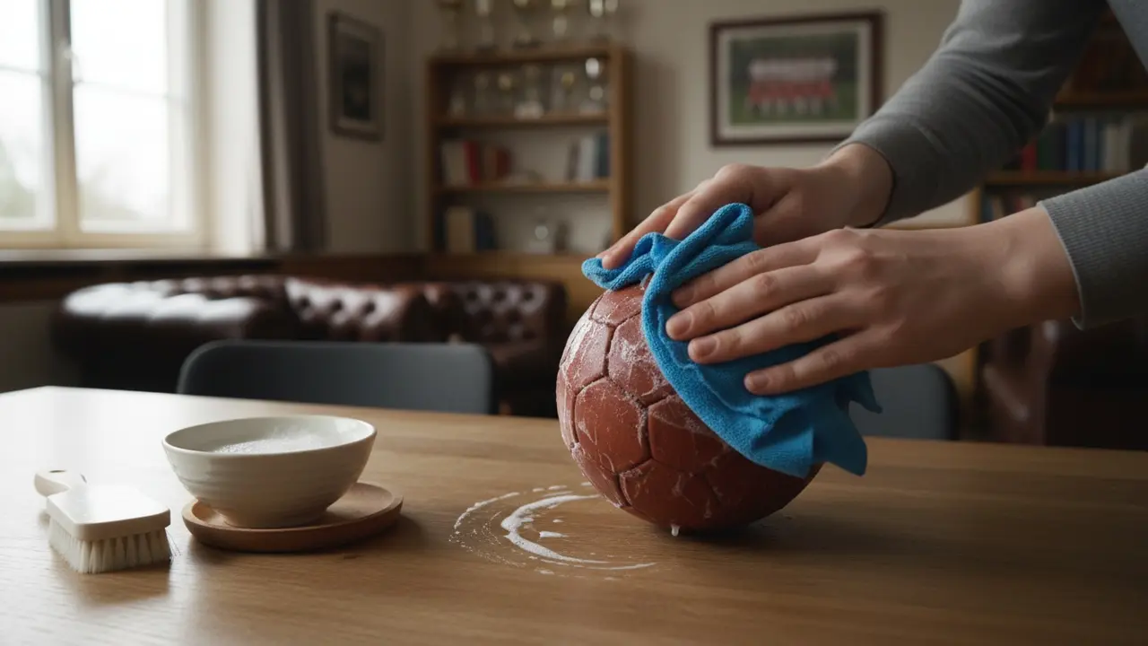 Person tørren følger cirkulære bevægelser med en mikrofiberklud for at fjerne harpiks fra en håndbold.