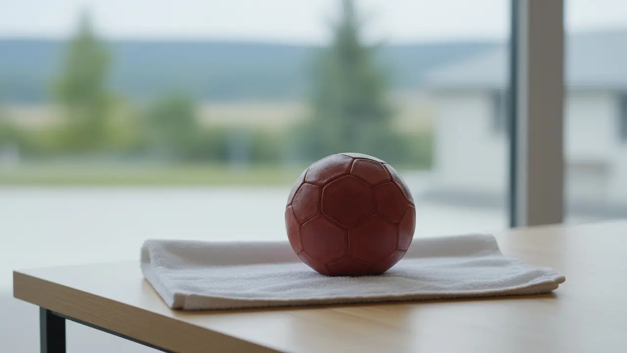 Håndbold ligger på et rent håndklæde ved vindue for at lufttørre uden direkte sol eller varme.