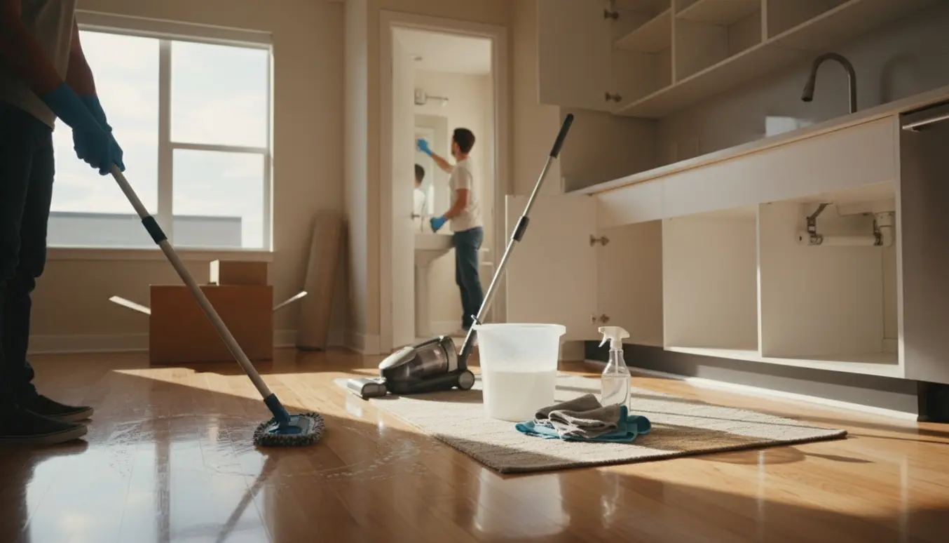 Flytterengøring i en lille, solfyldt lejlighed med rengøringsudstyr og nypudset gulv.