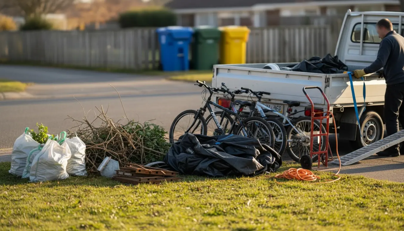 Trailer og effekter på fortovet klar til aflevering på genbrugspladsen med haveaffald, metal, trampolinedug, net og fire cykler.