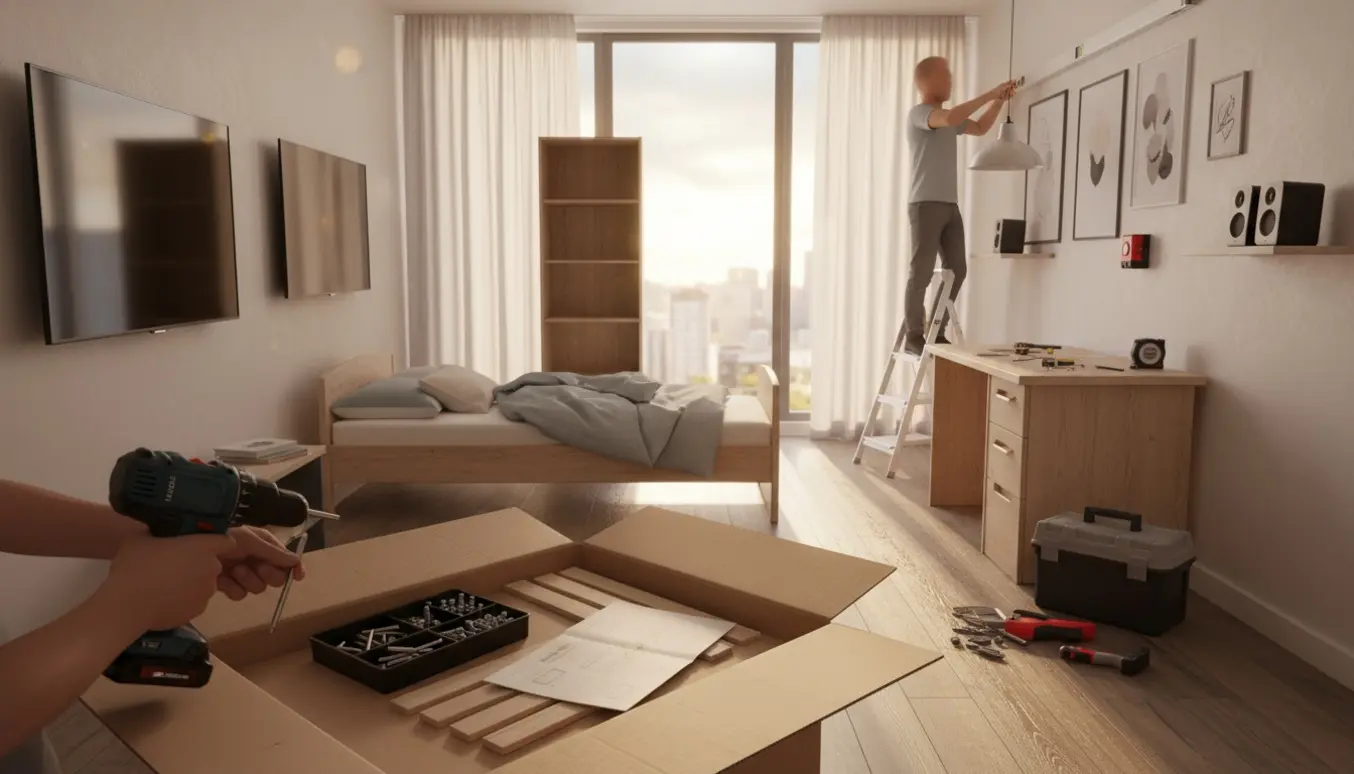 Hænder samler møbler og hænger lamper i et moderne hjem under en flytning.