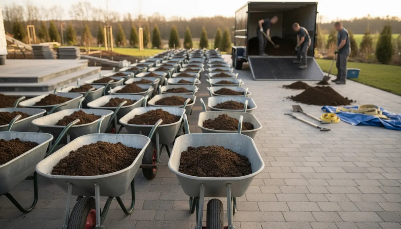 Række næsten fyldte 110L trillebører med havejord ved indkørslen, klar til at blive læsset på en trailer.
