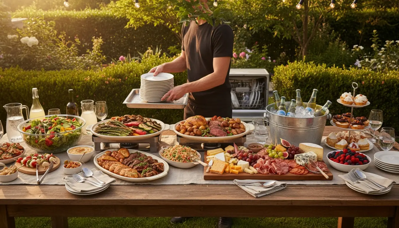 Buffet ved havefest med fire retter på et langbord, serveres hænder der genopfylder service og en åben opvaskemaskine i baggrunden.