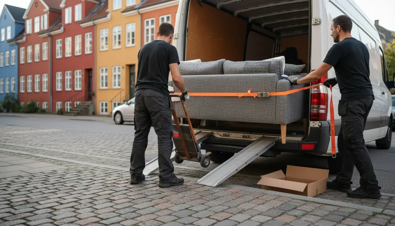 Sofa pakkes ind og løftes ind i en flyttevogn på en københavnsk gade.