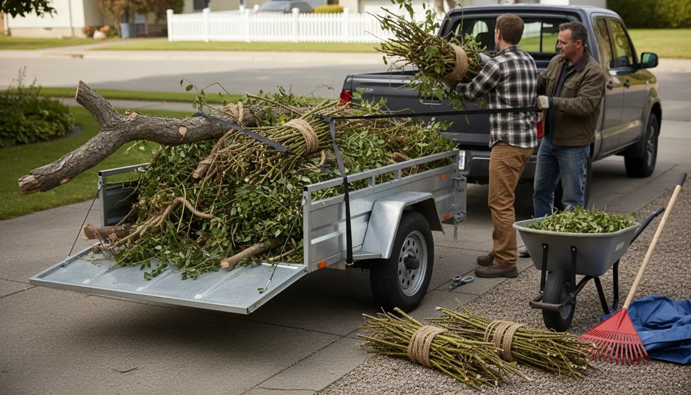 Trailer læsses med grene og buskaffald i indkørsel, personer ses bagfra uden tydelige ansigter.