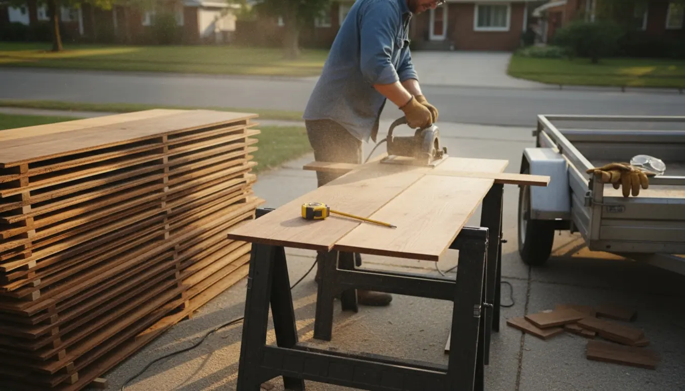 Indkørsel med stablede genbrugstrægulvsbrædder og en person, der skærer brædder til ved en sav klar til afhentning.