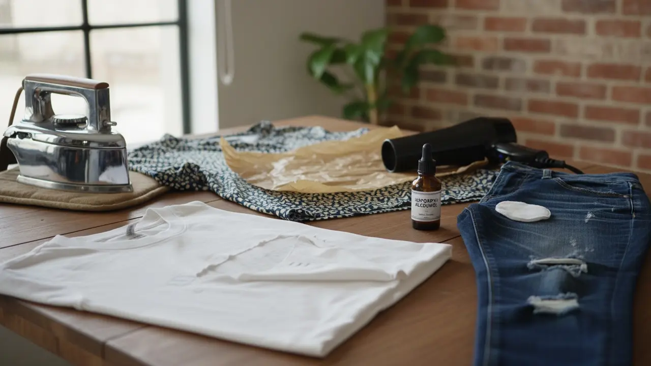 Arbejdsbord med tøj, strygejern, hårtørrer og opløsningsmidler til fjernelse af tryk