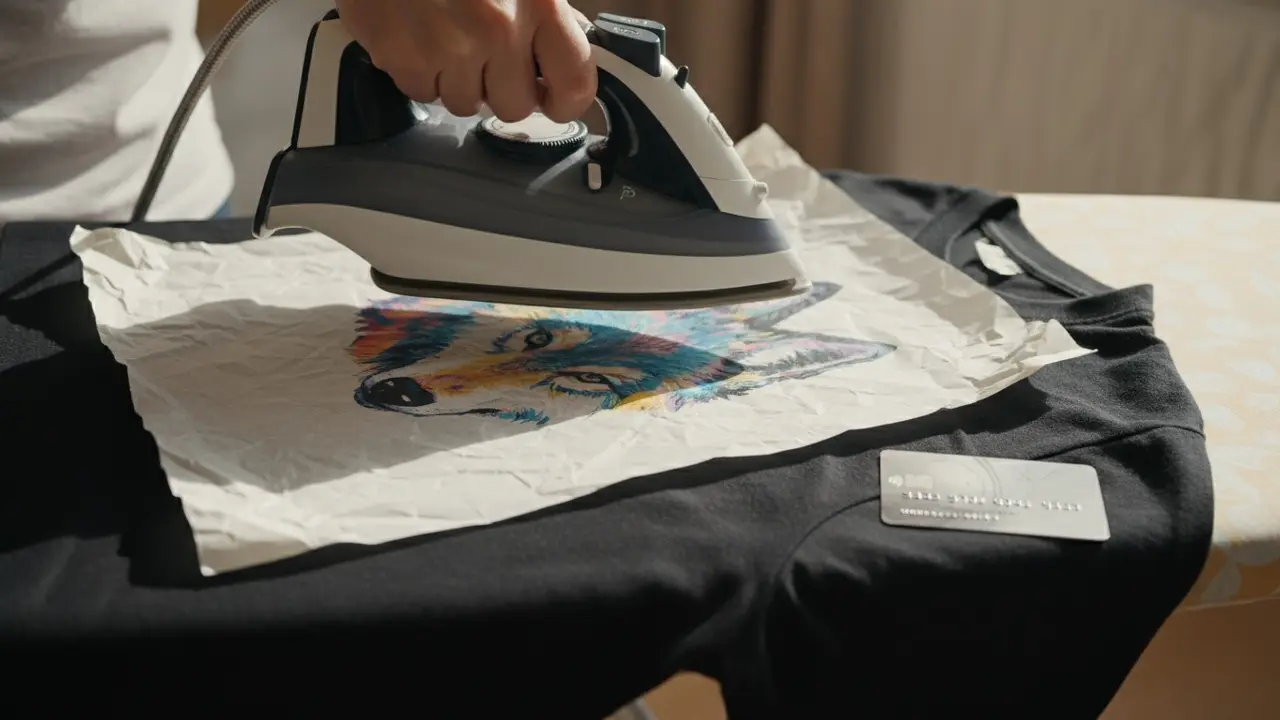 Nærbillede af bagepapir over tryk på T‑shirt med strygejern og kreditkort ved siden af