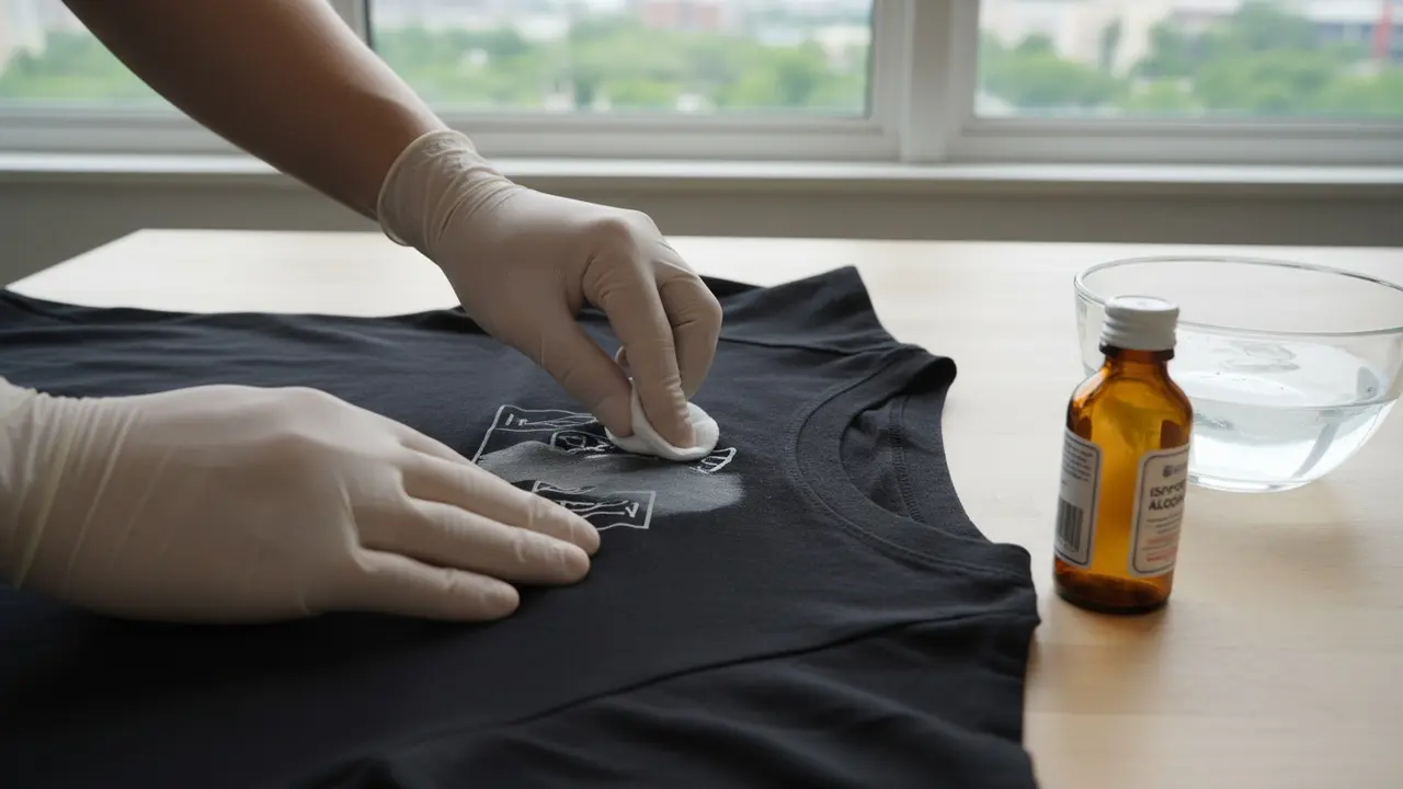 Handsken person dupper opløsningsmiddel på tryk med vatrondel ved åbent vindue