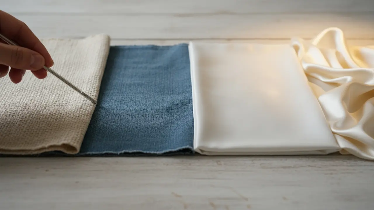 Forskellige stofprøver (bomuld, denim, polyester, silke) vist side om side for at illustrere varmefølsomhed