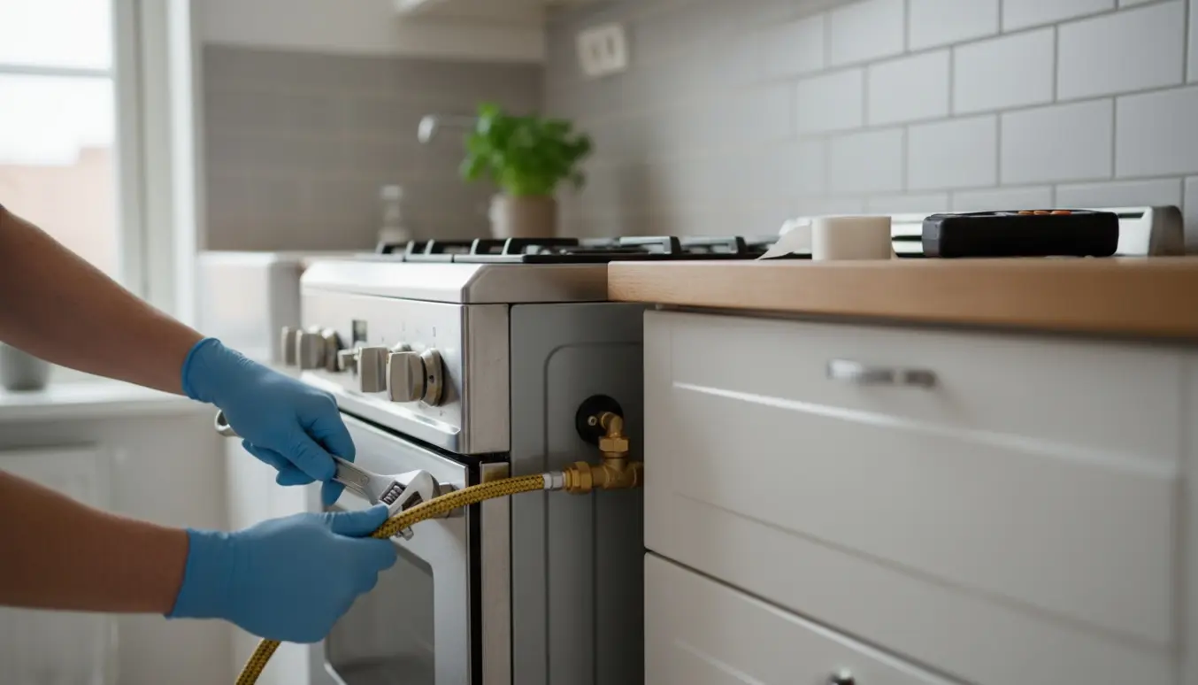Tekniker monterer et nyt gaskomfur i et lyst, skandinavisk køkken med fokus på gasforbindelsen og værktøj.